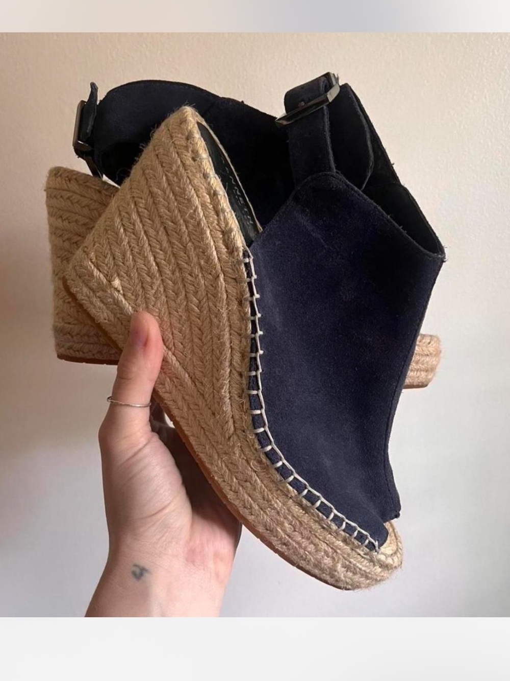 Kenneth Cole Wedges Espadrilles Bohemian Jute Woven Blue Suede Slingback Heel
